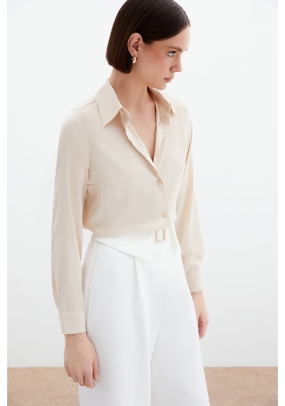 Sateen Saten Gömlek - Bej-134586 Bej