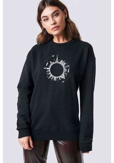 Silhouette Travel Globalization 2 Baskılı Siyah Kadın Sweatshirt