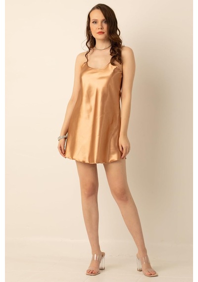 İnce Askılı Mini Saten Gecelik-336,k.somon L/xl Açık Bej - Beyaz