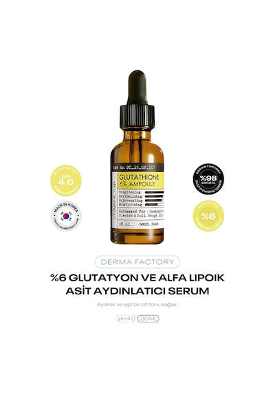 %6 Glutatyon Ve Alfa Lipoik Asit İçeren Aydınlatıcı Serum Derma Factory Glutathione %6 Ampoule