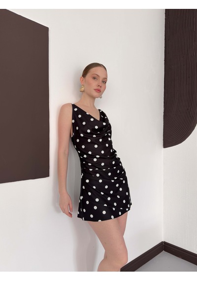 Verymoda Puantiye Baskılı Elbise D3024 Siyah Krem