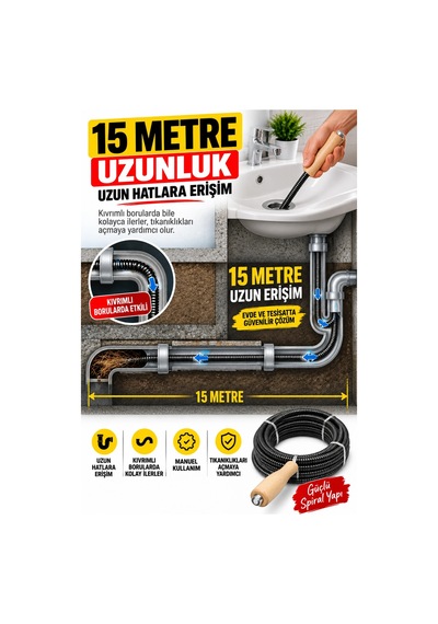 13 Mm X 15 Metre Spiral Kanal Açıcı Ahşap Saplı Manuel Gider Açma Teli, Uzun Erişimli Tesisat Spir