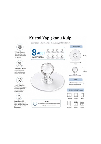 8'li Kristal Başlı, Yapışkanlı Çekmece Kulpu, Dolap Kulpu, Şeffaf Kendinden Yapışkanlı Kulp Ve Askı, Delmeden Montaj Belirtilmemis
