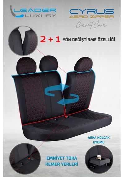 Kia Sportage Uyumlu Deri Detaylı Oto Koltuk Kılıfı Ön Arka Takım Cyrus Siyah Kırmızı