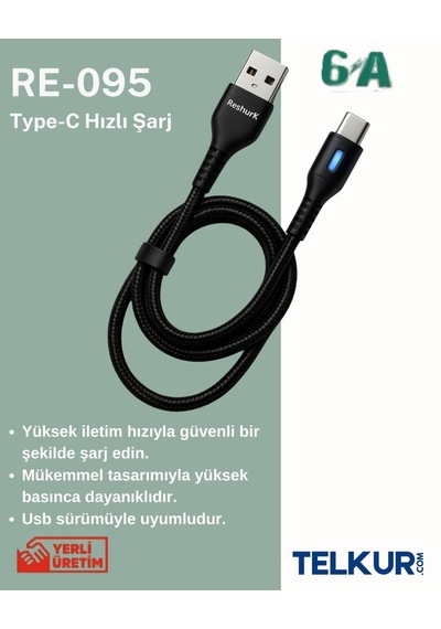 Ferro Re-095 Reshurk Type-c Hızlı Şarj - Ledli - Hasır Kablo 6.0 Amper 66w