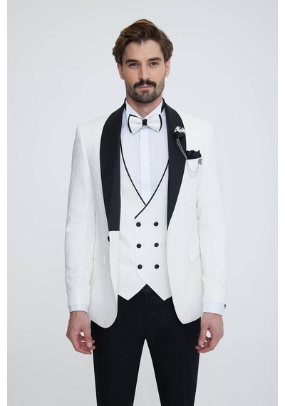 Ysf Erkek Beyaz Slim Fit Şal Yaka Desenli Damatlık