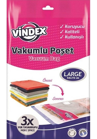 Vindex Vakumlu Giyisi Yastık Yorgan Saklama Torbası Poşeti Hurç - Large - 50x70 Cm. - 3 Paket Beyaz