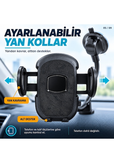 Dexxony Hp-a03 Vantuzlu Araç İçi Telefon Tutucu 20 Cm Bükülebilir Kol Cam Ve Torpido Destek Ayaklı Centilmen Siyah