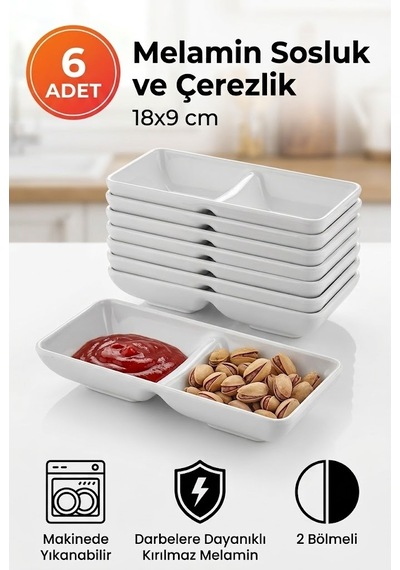 6 Adet Melamin 2 Bölmeli Sosluk Ve Çerezlik - 18x9 Cm - Bulaşık Makinesinde Yıkanabilir - Beyaz