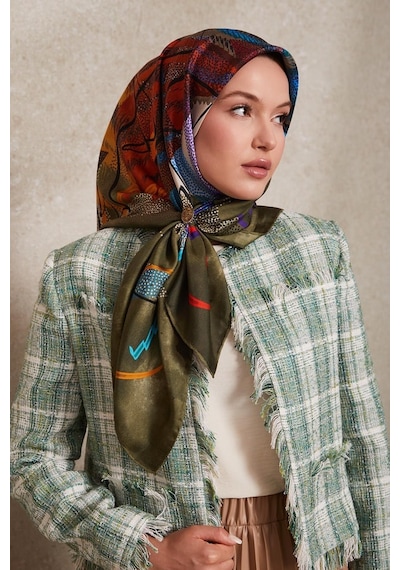 Levidor Karmaşık Desen Twill İpek Eşarp-0915 Yeşil