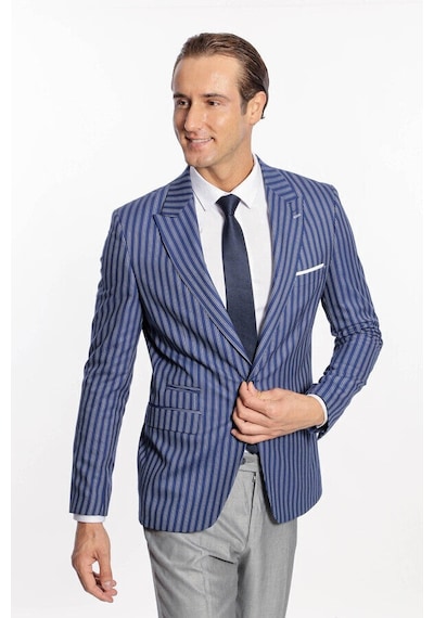 Wessi Çizgili Slim Fit Mavi Erkek Ceket Siyah