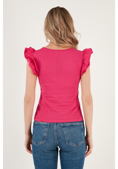 Lela Pamuklu Kolları Fırfırlı Slim Fit Bisiklet Yaka Bayan T Shirt 5864500 Fuşya