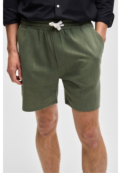 Grimelange LEYTON Erkek Relaxed Fit Çift Cepli Beli Lastikli Keten Karışımlı Dokuma Haki Şort & Bermuda