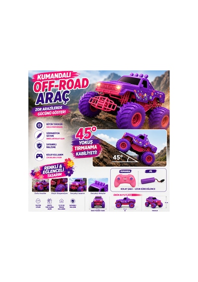 Özel Çiçekli Tasarım Kumandalı Canavar Kamyon- Off Road - Mor Arazi Aracı Şarjlı R/c F/f 1:18 Pembe - 885347567 Pembe