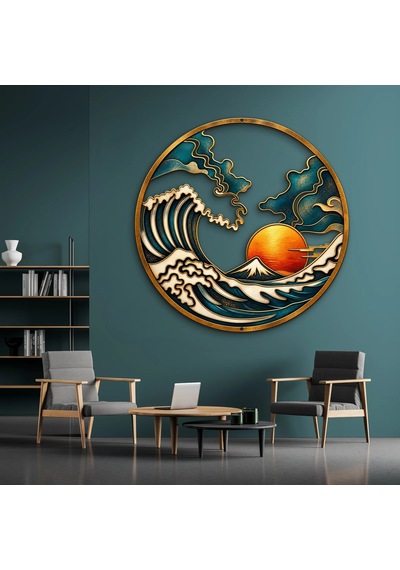 Japon Dalgası Madalyon - Metal Tablo - Dec0192 60 X 60 Cm Çok Renkli