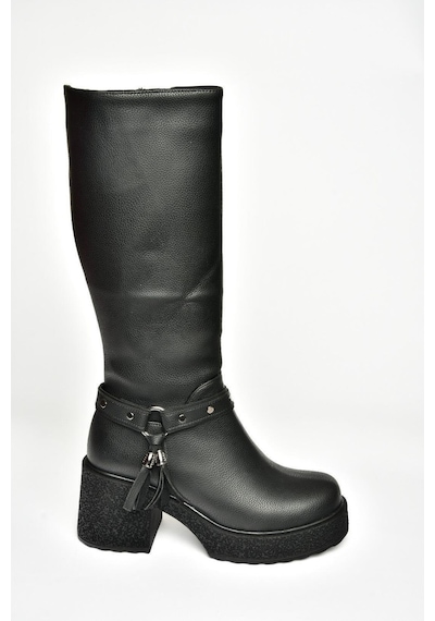Fox Shoes T996224009 Siyah Kalın Topuklu Kadın Çizme Siyah-Suni Deri