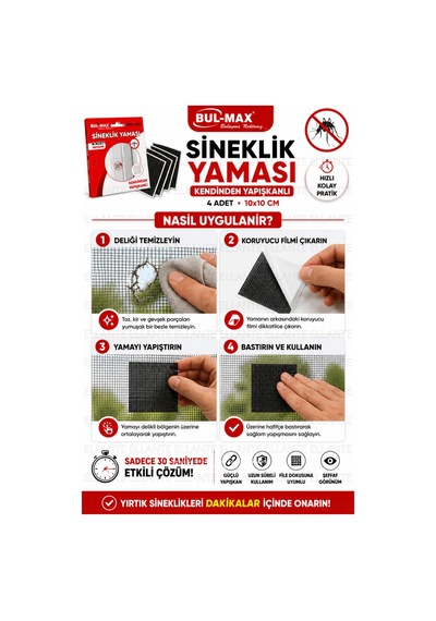 Kendinden Yapışkanlı Sineklik Yaması 4 Adet 10x10 Cm Sineklik Tamir Bandı Delik Yırtık Onarım Yaması