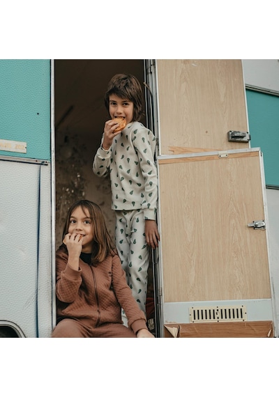 Antebies Organik Gri Yeşil Armut Desenli Beli Lastikli Uzun Kollu Erkek Çocuk Pijama Takımı