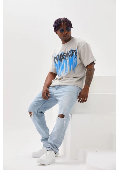 Baskılı Oversize T-shirt - Gri -Çok Renkli