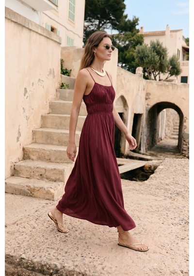 Sateen Askılı Uzun Elbise - Bordo-137495