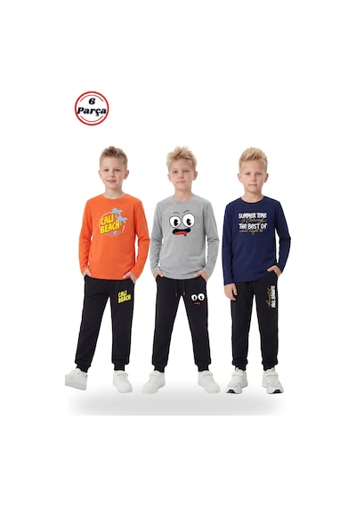 Panios Kids 3'lü Yuvarlak Yaka Sweatshirt Siyah Eşofmanlı Baskı Detaylı 6 Parça Erkek Çocuk Alt Üst Takım Turuncu - Lacivert