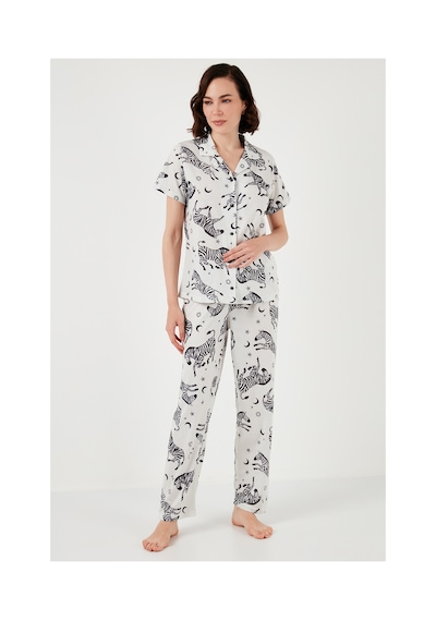 Lela Desenli Kısa Kollu Beli Lastikli Gömlek Yaka Dokuma Regular Fit Bayan Pijama Takımı 6571010 Ekru-Siyah