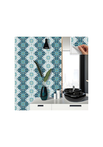 Tink Kendinden Yapışkanlı Turkuaz Çiçek Desenli Pvc Karo 30x30 Cm