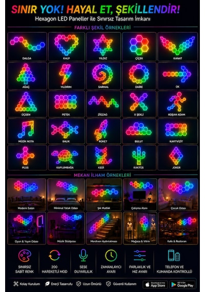 Hexagonel Oda Işığı Birleştirilebilir Rgb-ıc Telefon Ve Kumanda Kontrollü 8 Li