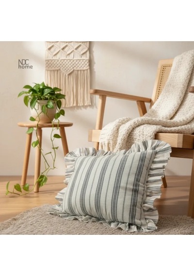 Premium Keten Gri Kalın Çizgili Fırfırlı Kırlent 2 Adet Kırlent Kılıfı 43 X 43