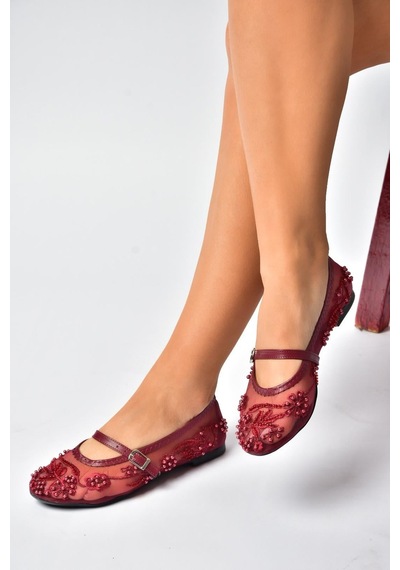 Fox Shoes Y726330115 Bordo İnci Detaylı File Kadın Babet