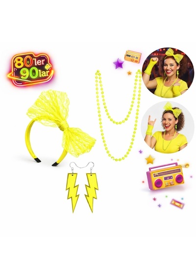 80 Ler 90 Lar Neon Sarı Parti Seti Kolye Küpe Taç 5691 "