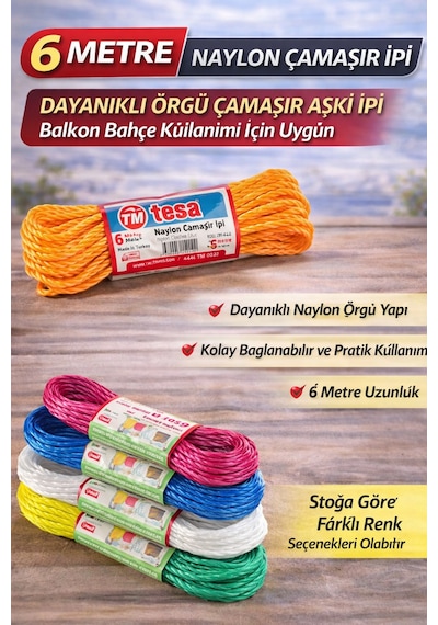 6 Metre Naylon Çamaşır İpi Dayanıklı Örgü Çamaşır Askı İpi Balkon Bahçe Çamaşır İpi 1 Adet Beyaz - Siyah