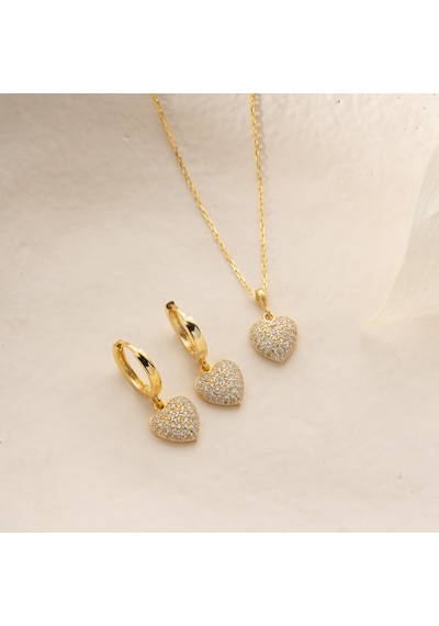 Vaoov 925 Ayar Gümüş 2li Taşlı Kalp Set Gold