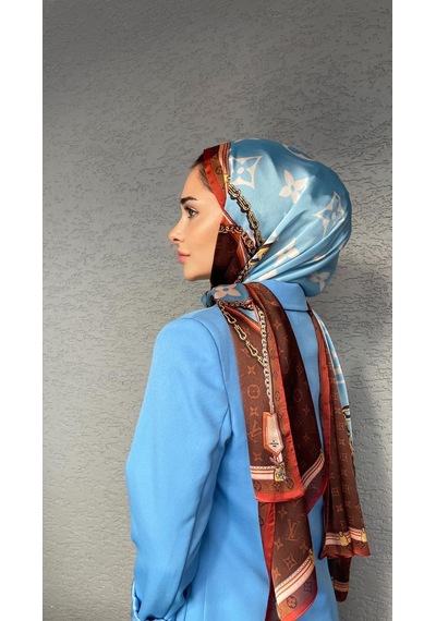 Miorel Scarfs Premium Kalite Lv Desen Vual İpek Şal Yeni Sezon Silk Scarfs Shawl Hijab Fular Bakır Kahverengi