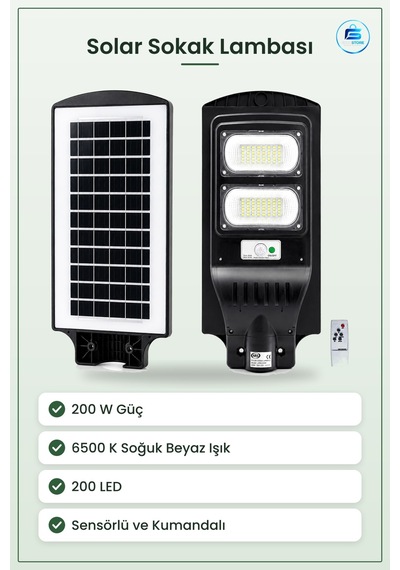 Solar Sokak Lambası 200 W K Sensörlü Kumandalı Güneş Enerjili Led