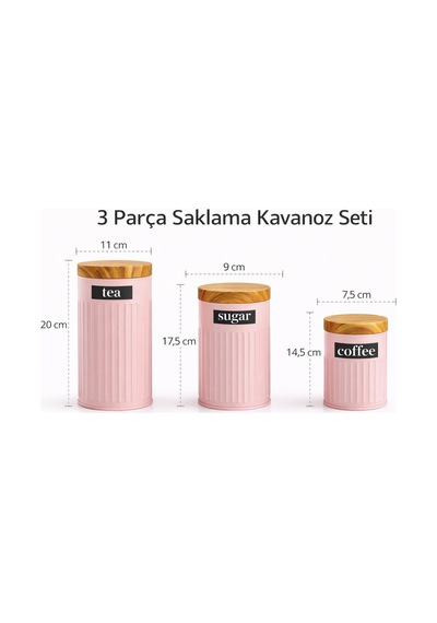 3 Parça Saklama Kavanoz Seti,bambu Kapaklı Erzak Kabı,metal Çay Kahve Şeker Mutfak Saklama Kabı-beyaz Pembe