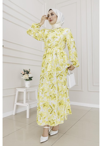 Sevitli Yarım Düğmeli Lotus Elbise-sarı-5249 Sarı