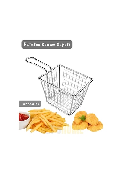 Kare Patates Sunum Sepeti Paslanmaz Çelik Patateslik Kızartmalık 6x8x6 Cm Gri