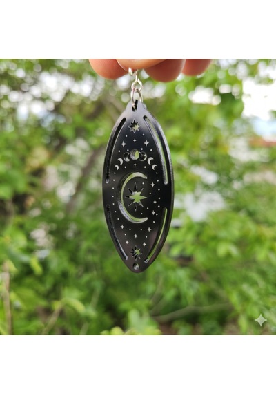 Siyah Akrilik Ay Yıldız Küpe - Astroloji Tasarımlı Ultra Hafif Mistik Kadın Küpesi