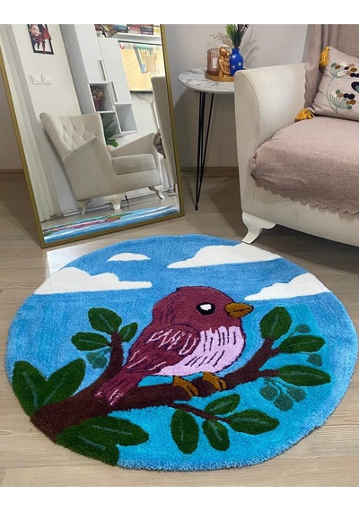 El Yapımı Tufting Kuş Temalı Yuvarlak Halı / Paspas Açık Mavi