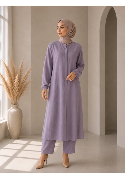 Bidesing Kadın Lila Tesettür İkili Takım Krinkıl Kumaş Uzun Tunik Ve Bol Paça Pantolon Takımı Bidesing Kadın Lila Tesettür İkili Takım Krinkıl Kumaş Uzun Tunik Ve Bol Paça Pantolon Takımı