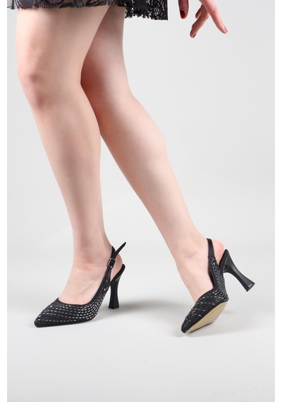 Birikon Melk Damla Taşlı Arka Açık Stiletto Siyah-8511 Siyah