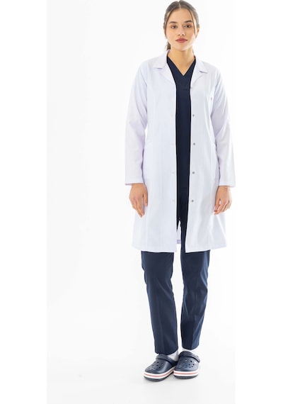 Spor Yaka Uzun Boy Kadın Doktor Önlüğü Alpaka Kumaş Beyaz Bko007 Beyaz