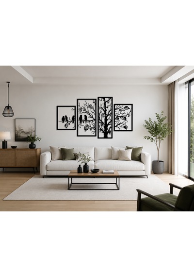 4 Parça Modern Kuş Ve Ağaç Metal Duvar Dekoru Siyah Mdf Duvar Süsü