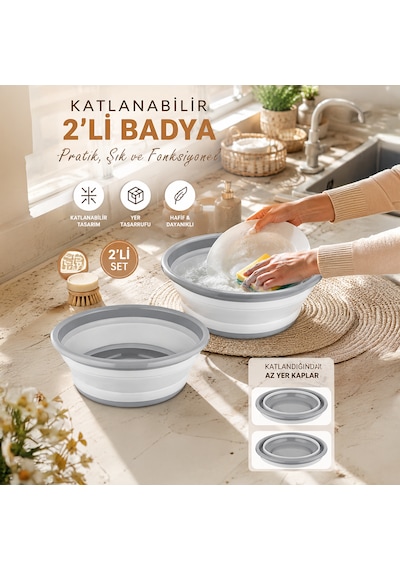 Porsima Et-00111 Çok Amaçlı Katlanır Badya Akordiyon Leğen Katlanabilir Organizer Düzenleyici 9lt - 5lt Beyaz - Gri