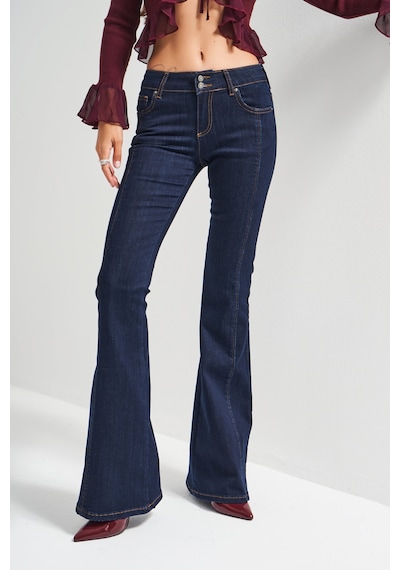 Itsbasic Kadın İndigo Renk 7w5-50 Swl Midrise Flare Fit Esnek Elastan Kumaş Orta Bel Denim Jean