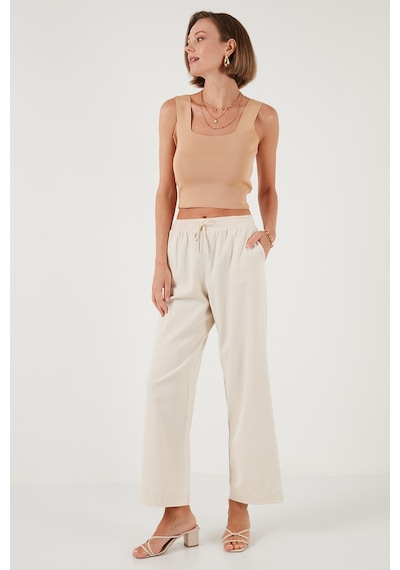 Lela % 100 Pamuklu Bol Paça Regular Fit Bayan Pantolon 673Py2008 Bej