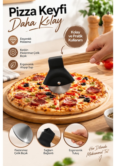 Porsima 1566-1 Ahşap Saplı Hamur Börek Kesme Bıçağı Pizza Kesici Dilimleyici Rulet Ahşap - Siyah