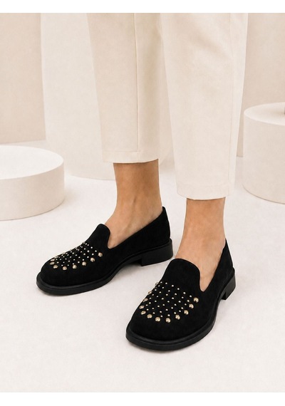 Dabab Shoes Monıca Kadın Siyah Süet Taşlı Zımbalı Yuvarlak Burun 2 Cm Kalın Taban Loafer Ayakkabı