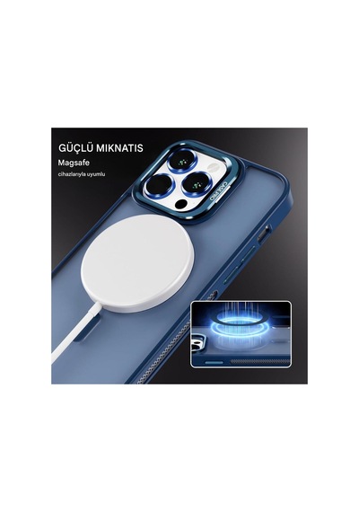 İphone 11 Uyumlu Magsafe Kılıf Mıknatıslı Standlı Darbeye Dayanıklı Mat Şeffaf Arka Kapak Lens Hediyeli Lacivert